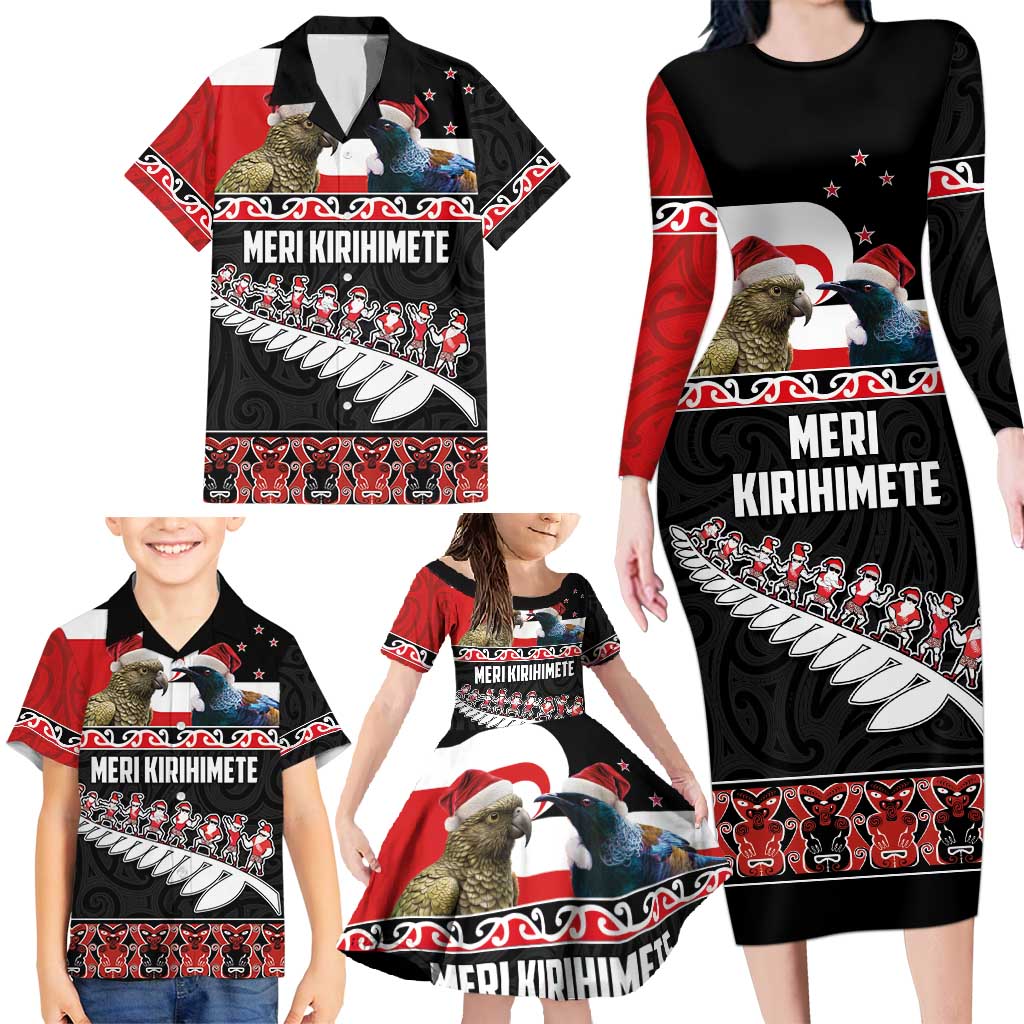 New Zealand Meri Kirihimete Family Matching Long Sleeve Bodycon Dress and Hawaiian Shirt Christmas Tui Bird and Kea Bird - Haka Santa with Maori Koru Art Pattern LT03 - Polynesian Pride