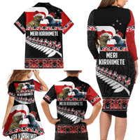 New Zealand Meri Kirihimete Family Matching Long Sleeve Bodycon Dress and Hawaiian Shirt Christmas Tui Bird and Kea Bird - Haka Santa with Maori Koru Art Pattern LT03 - Polynesian Pride