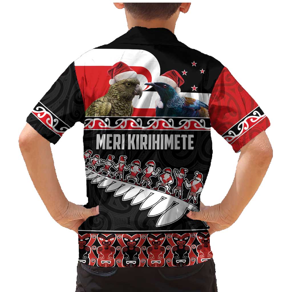 New Zealand Meri Kirihimete Family Matching Mermaid Dress and Hawaiian Shirt Christmas Tui Bird and Kea Bird - Haka Santa with Maori Koru Art Pattern LT03 - Polynesian Pride