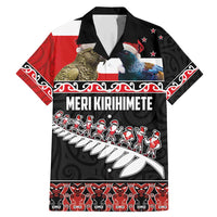 New Zealand Meri Kirihimete Family Matching Mermaid Dress and Hawaiian Shirt Christmas Tui Bird and Kea Bird - Haka Santa with Maori Koru Art Pattern LT03 Dad's Shirt - Short Sleeve Black - Polynesian Pride