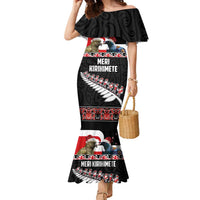 New Zealand Meri Kirihimete Family Matching Mermaid Dress and Hawaiian Shirt Christmas Tui Bird and Kea Bird - Haka Santa with Maori Koru Art Pattern LT03 Mom's Dress Black - Polynesian Pride