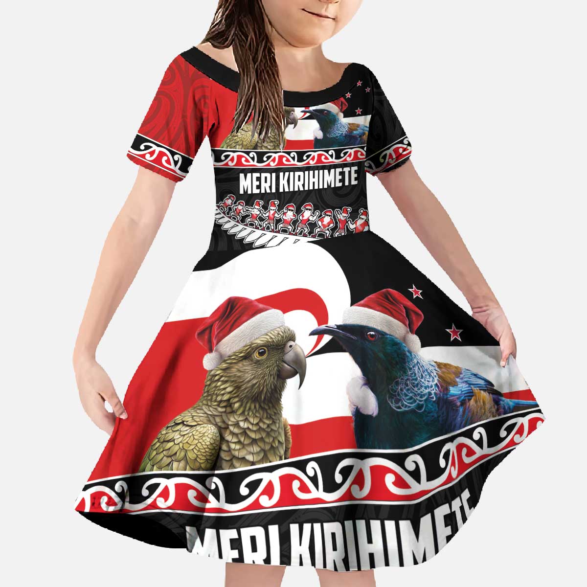 New Zealand Meri Kirihimete Family Matching Off The Shoulder Long Sleeve Dress and Hawaiian Shirt Christmas Tui Bird and Kea Bird - Haka Santa with Maori Koru Art Pattern LT03 Daughter's Dress Black - Polynesian Pride