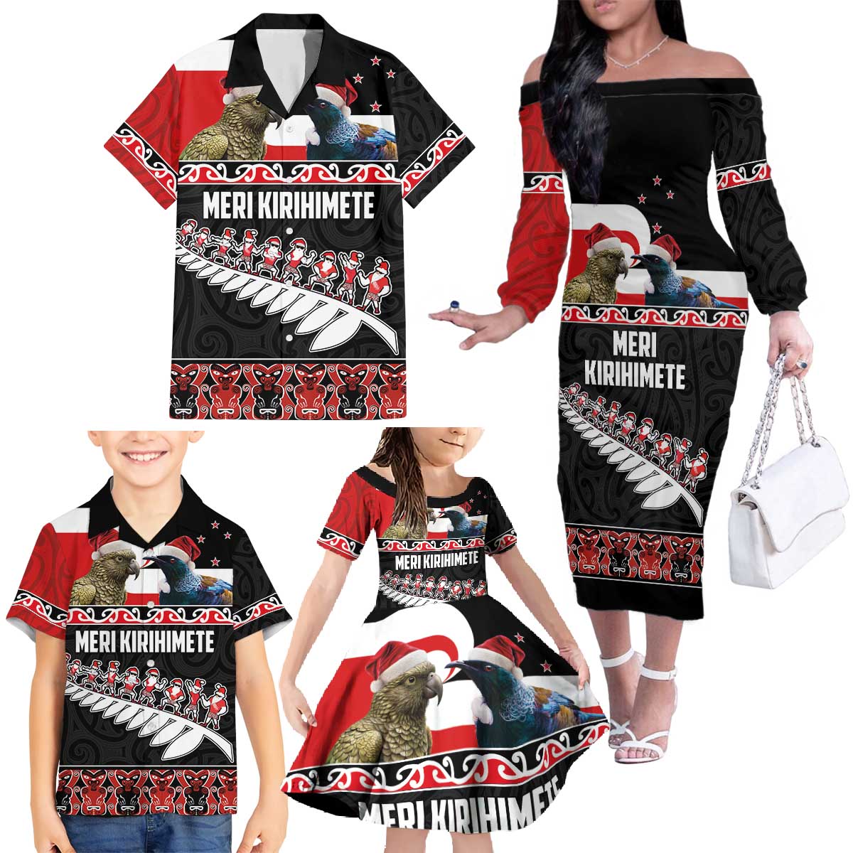 New Zealand Meri Kirihimete Family Matching Off The Shoulder Long Sleeve Dress and Hawaiian Shirt Christmas Tui Bird and Kea Bird - Haka Santa with Maori Koru Art Pattern LT03 - Polynesian Pride