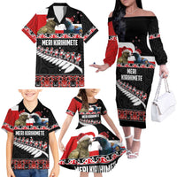 New Zealand Meri Kirihimete Family Matching Off The Shoulder Long Sleeve Dress and Hawaiian Shirt Christmas Tui Bird and Kea Bird - Haka Santa with Maori Koru Art Pattern LT03 - Polynesian Pride