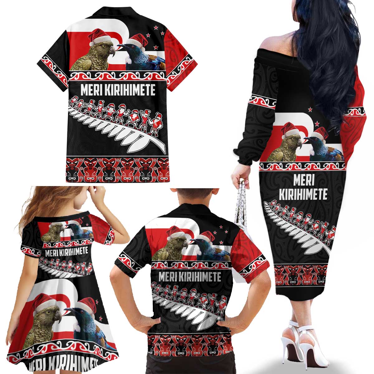New Zealand Meri Kirihimete Family Matching Off The Shoulder Long Sleeve Dress and Hawaiian Shirt Christmas Tui Bird and Kea Bird - Haka Santa with Maori Koru Art Pattern LT03 - Polynesian Pride