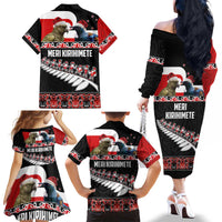 New Zealand Meri Kirihimete Family Matching Off The Shoulder Long Sleeve Dress and Hawaiian Shirt Christmas Tui Bird and Kea Bird - Haka Santa with Maori Koru Art Pattern LT03 - Polynesian Pride