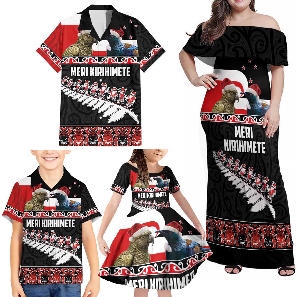 New Zealand Meri Kirihimete Family Matching Off Shoulder Maxi Dress and Hawaiian Shirt Christmas Tui Bird and Kea Bird - Haka Santa with Maori Koru Art Pattern LT03 - Polynesian Pride