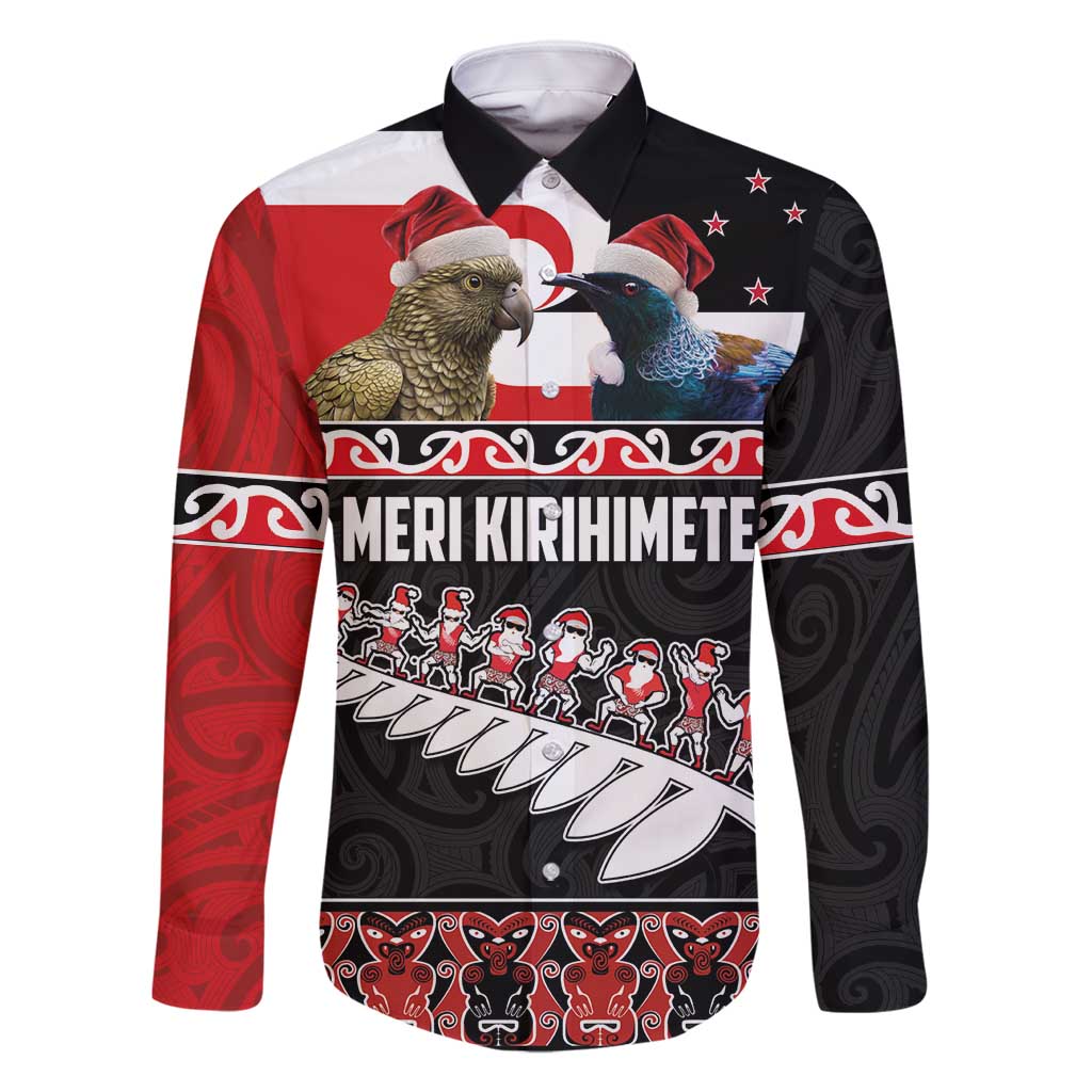 New Zealand Meri Kirihimete Family Matching Off Shoulder Maxi Dress and Hawaiian Shirt Christmas Tui Bird and Kea Bird - Haka Santa with Maori Koru Art Pattern LT03 Dad's Shirt - Long Sleeve Black - Polynesian Pride