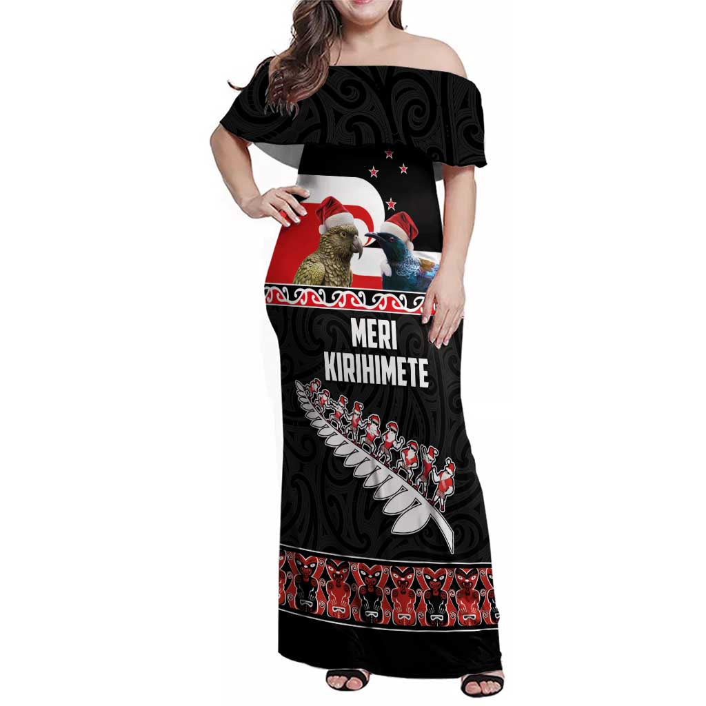 New Zealand Meri Kirihimete Family Matching Off Shoulder Maxi Dress and Hawaiian Shirt Christmas Tui Bird and Kea Bird - Haka Santa with Maori Koru Art Pattern LT03 Mom's Dress Black - Polynesian Pride