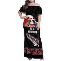 New Zealand Meri Kirihimete Family Matching Off Shoulder Maxi Dress and Hawaiian Shirt Christmas Tui Bird and Kea Bird - Haka Santa with Maori Koru Art Pattern LT03 Mom's Dress Black - Polynesian Pride