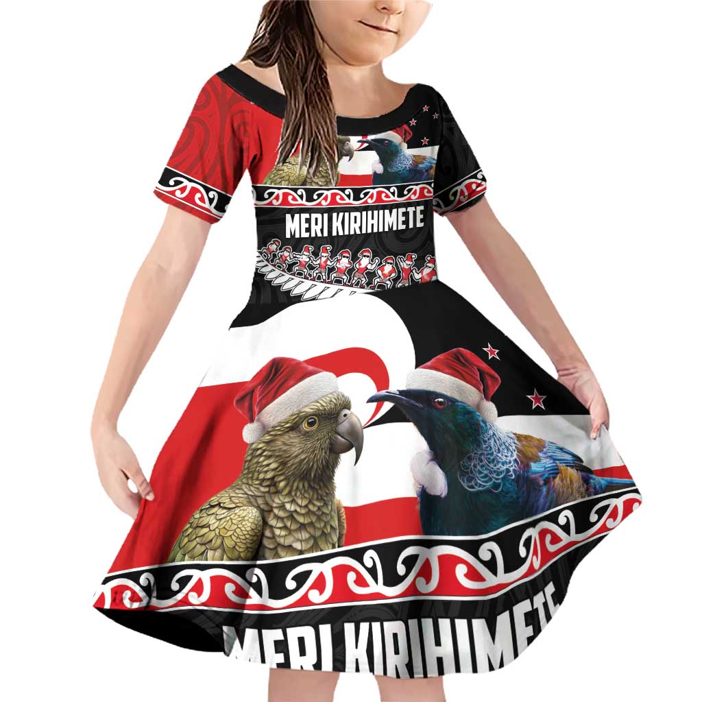 New Zealand Meri Kirihimete Family Matching Off Shoulder Short Dress and Hawaiian Shirt Christmas Tui Bird and Kea Bird - Haka Santa with Maori Koru Art Pattern LT03 Daughter's Dress Black - Polynesian Pride