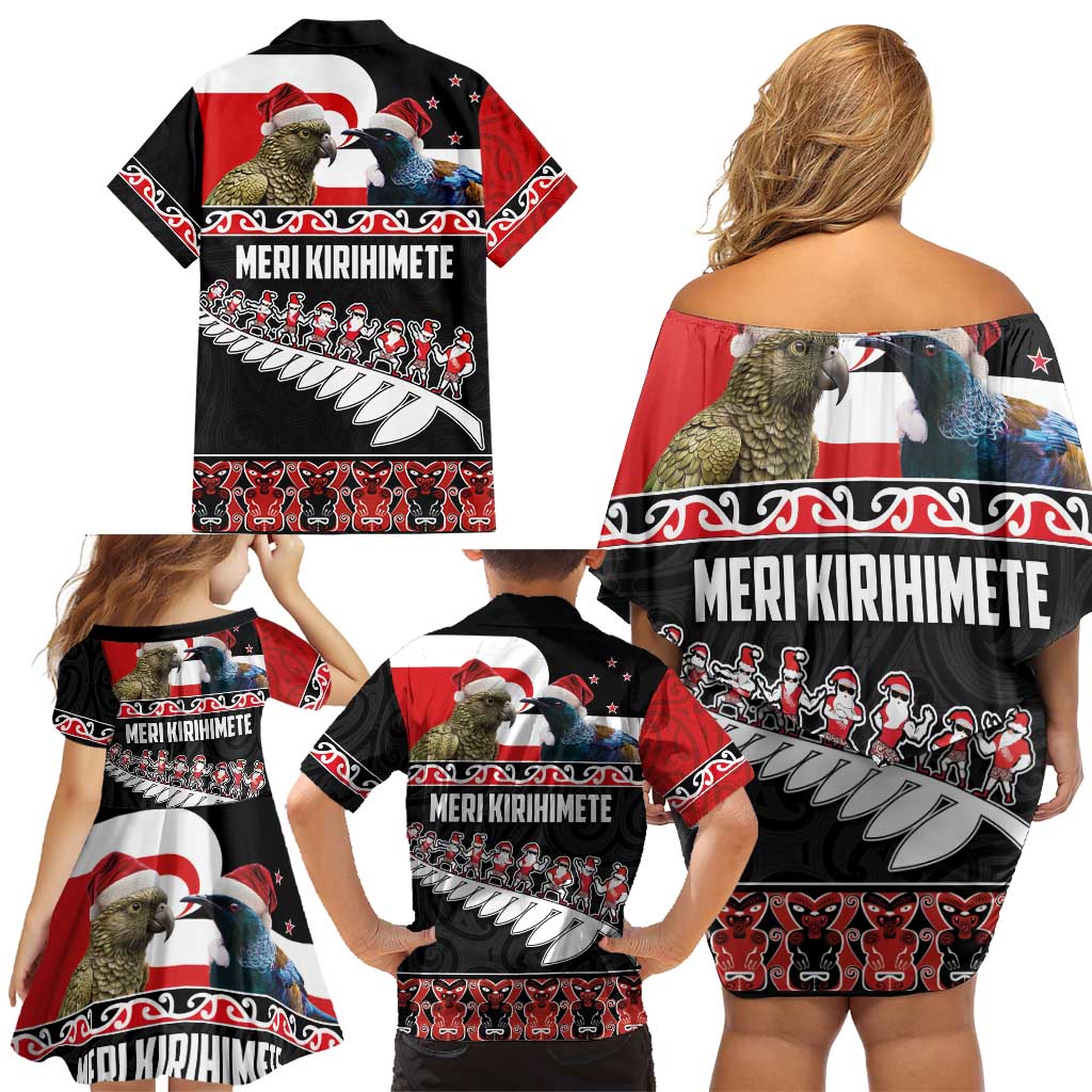 New Zealand Meri Kirihimete Family Matching Off Shoulder Short Dress and Hawaiian Shirt Christmas Tui Bird and Kea Bird - Haka Santa with Maori Koru Art Pattern LT03 - Polynesian Pride
