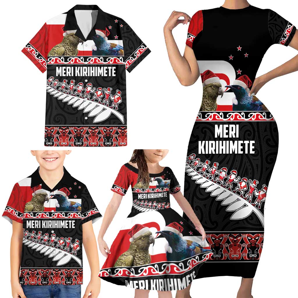 New Zealand Meri Kirihimete Family Matching Short Sleeve Bodycon Dress and Hawaiian Shirt Christmas Tui Bird and Kea Bird - Haka Santa with Maori Koru Art Pattern LT03 - Polynesian Pride