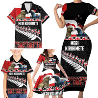 New Zealand Meri Kirihimete Family Matching Short Sleeve Bodycon Dress and Hawaiian Shirt Christmas Tui Bird and Kea Bird - Haka Santa with Maori Koru Art Pattern LT03 - Polynesian Pride