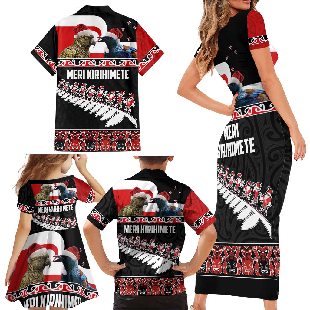 New Zealand Meri Kirihimete Family Matching Short Sleeve Bodycon Dress and Hawaiian Shirt Christmas Tui Bird and Kea Bird - Haka Santa with Maori Koru Art Pattern LT03 - Polynesian Pride