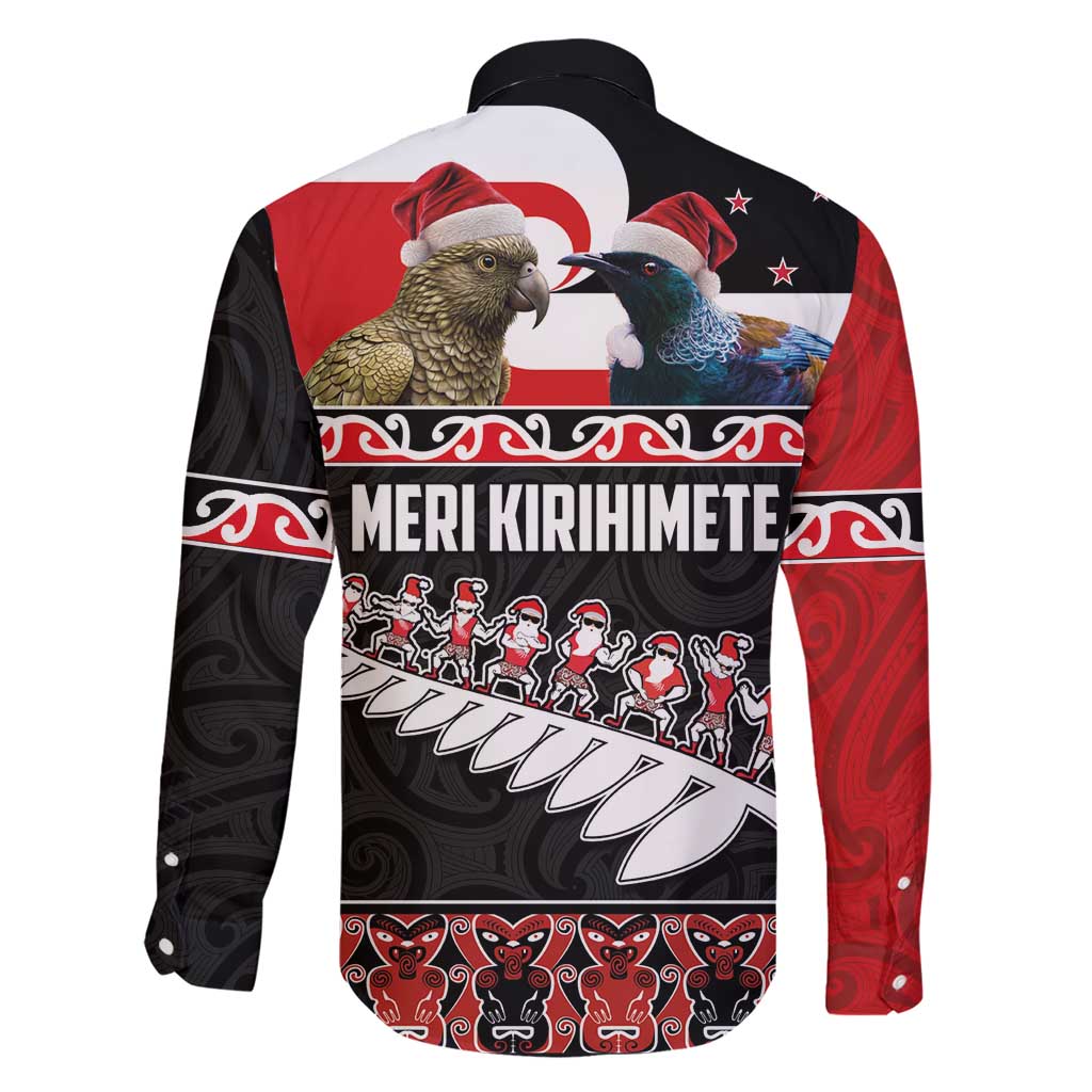 New Zealand Meri Kirihimete Family Matching Short Sleeve Bodycon Dress and Hawaiian Shirt Christmas Tui Bird and Kea Bird - Haka Santa with Maori Koru Art Pattern LT03 - Polynesian Pride