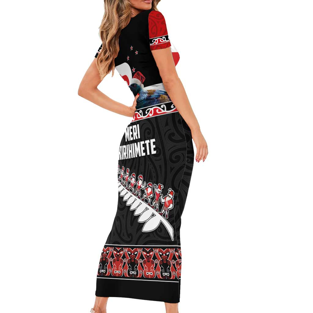New Zealand Meri Kirihimete Family Matching Short Sleeve Bodycon Dress and Hawaiian Shirt Christmas Tui Bird and Kea Bird - Haka Santa with Maori Koru Art Pattern LT03 - Polynesian Pride