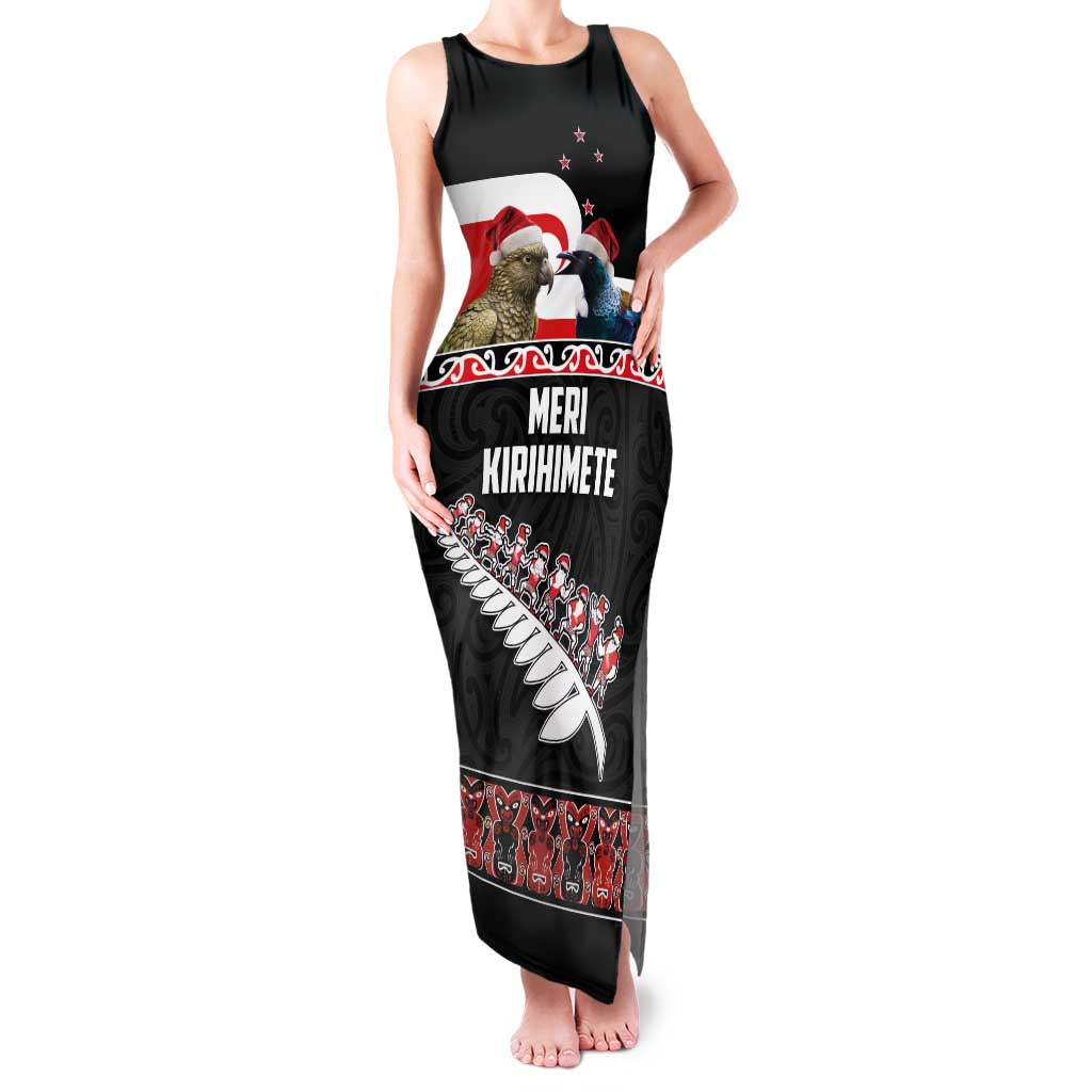 New Zealand Meri Kirihimete Family Matching Tank Maxi Dress and Hawaiian Shirt Christmas Tui Bird and Kea Bird - Haka Santa with Maori Koru Art Pattern LT03 Mom's Dress Black - Polynesian Pride