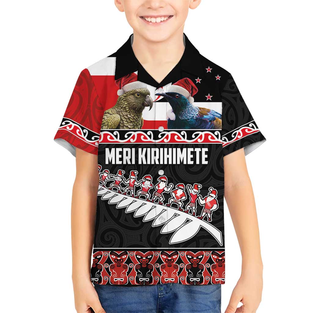 New Zealand Meri Kirihimete Family Matching Tank Maxi Dress and Hawaiian Shirt Christmas Tui Bird and Kea Bird - Haka Santa with Maori Koru Art Pattern LT03 Son's Shirt Black - Polynesian Pride