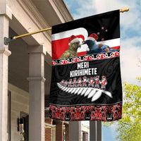 New Zealand Meri Kirihimete Garden Flag Christmas Tui Bird and Kea Bird - Haka Santa with Maori Koru Art Pattern LT03 House Flag Black - Polynesian Pride