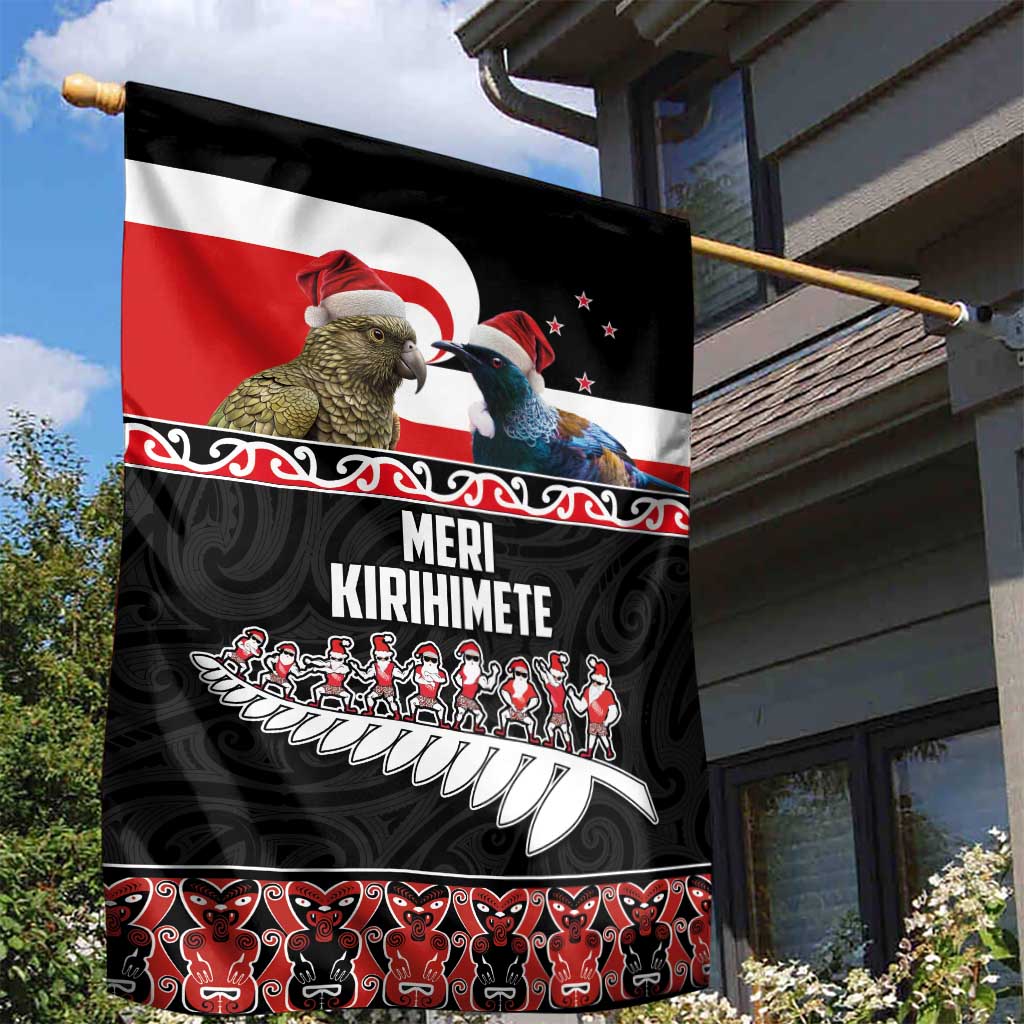 New Zealand Meri Kirihimete Garden Flag Christmas Tui Bird and Kea Bird - Haka Santa with Maori Koru Art Pattern LT03 - Polynesian Pride