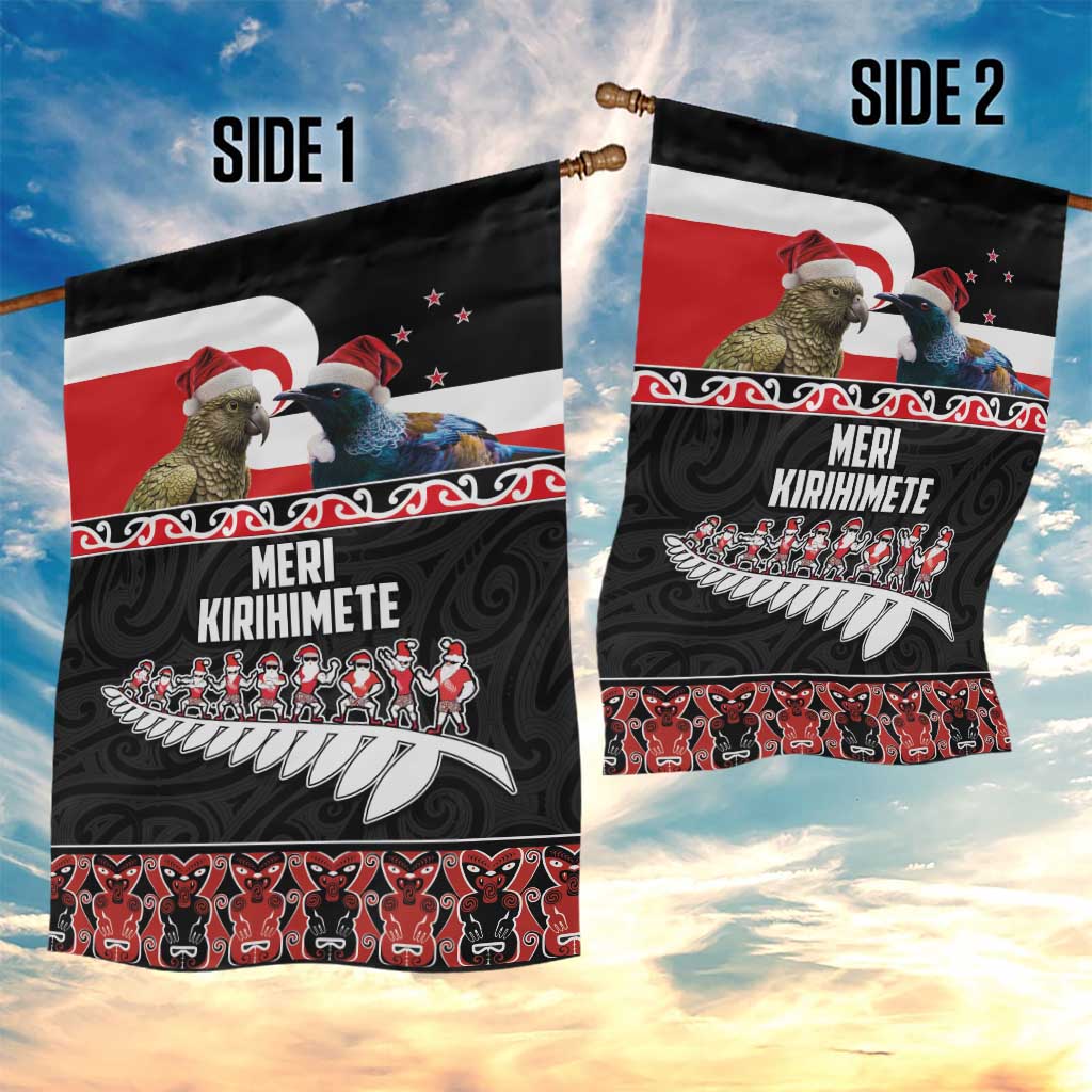 New Zealand Meri Kirihimete Garden Flag Christmas Tui Bird and Kea Bird - Haka Santa with Maori Koru Art Pattern LT03 - Polynesian Pride
