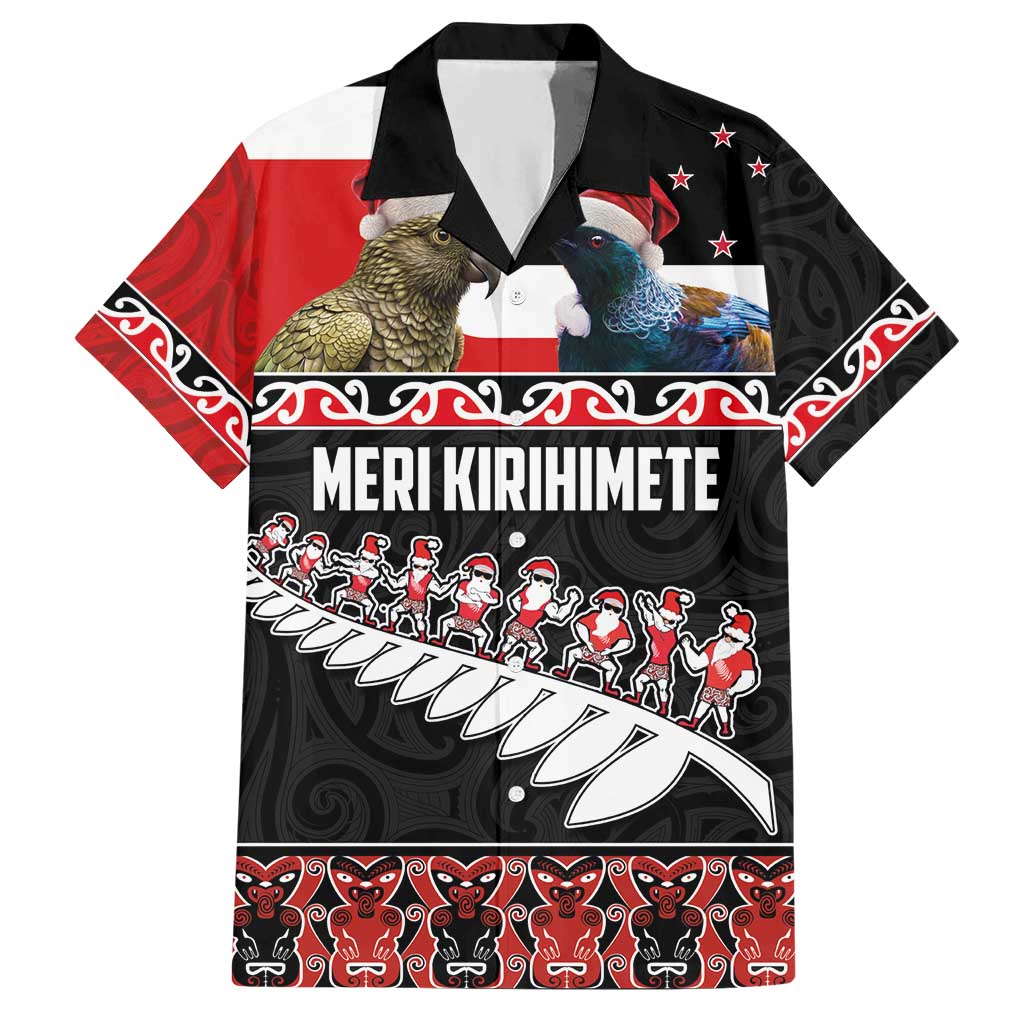 New Zealand Meri Kirihimete Hawaiian Shirt Christmas Tui Bird and Kea Bird - Haka Santa with Maori Koru Art Pattern LT03 Black - Polynesian Pride
