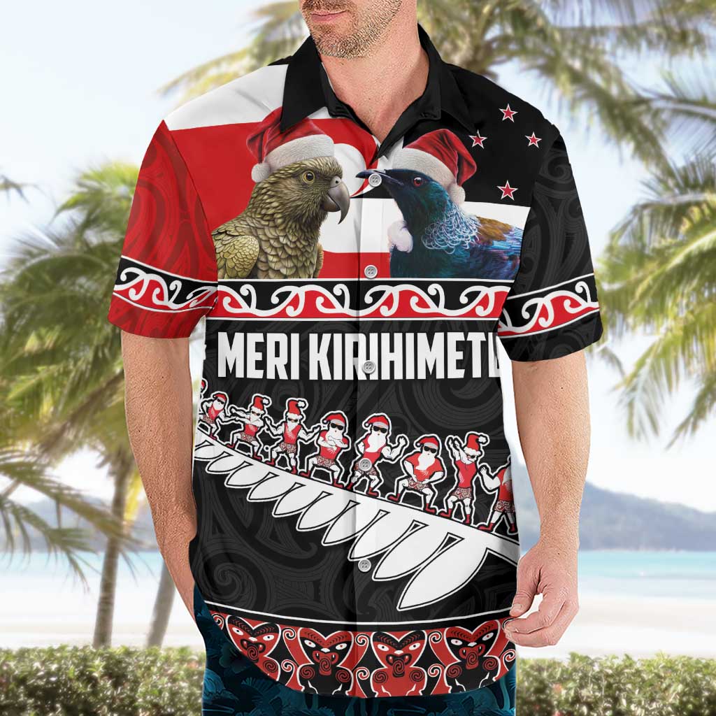 New Zealand Meri Kirihimete Hawaiian Shirt Christmas Tui Bird and Kea Bird - Haka Santa with Maori Koru Art Pattern LT03 - Polynesian Pride