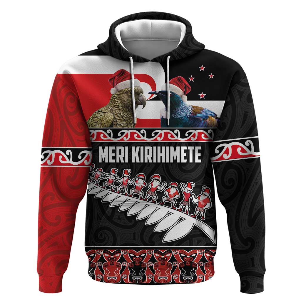 New Zealand Meri Kirihimete Hoodie Christmas Tui Bird and Kea Bird - Haka Santa with Maori Koru Art Pattern LT03 Pullover Hoodie Black - Polynesian Pride