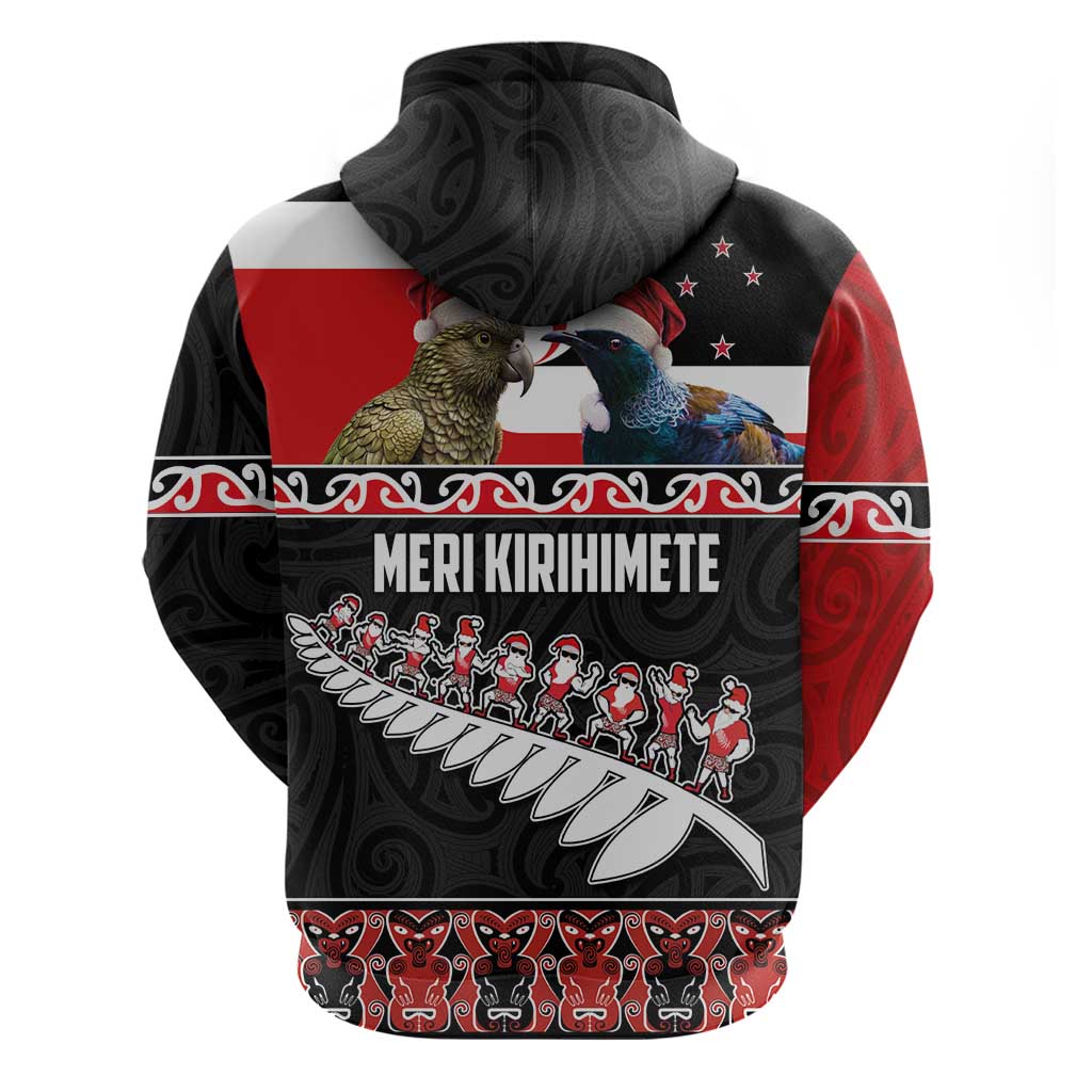 New Zealand Meri Kirihimete Hoodie Christmas Tui Bird and Kea Bird - Haka Santa with Maori Koru Art Pattern LT03 - Polynesian Pride