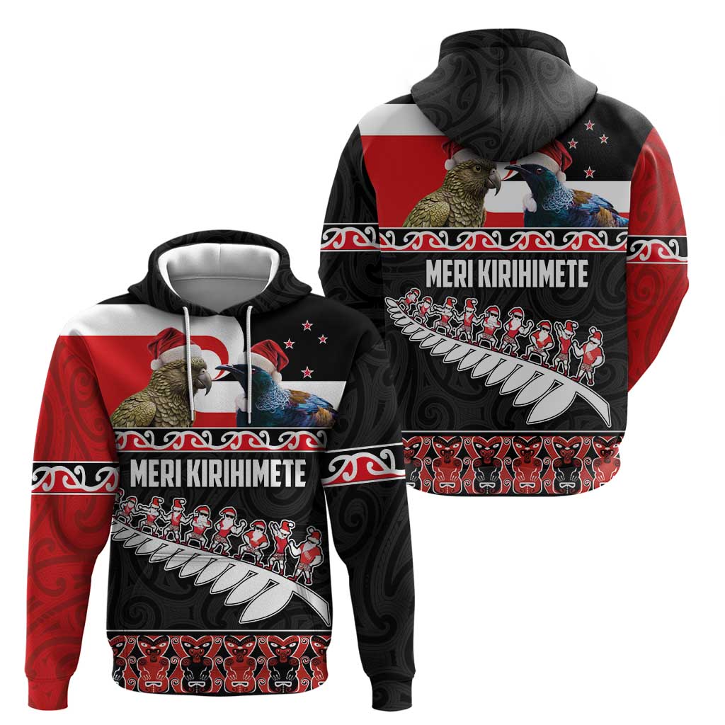 New Zealand Meri Kirihimete Hoodie Christmas Tui Bird and Kea Bird - Haka Santa with Maori Koru Art Pattern LT03 - Polynesian Pride