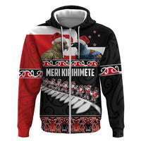 New Zealand Meri Kirihimete Hoodie Christmas Tui Bird and Kea Bird - Haka Santa with Maori Koru Art Pattern LT03 Zip Hoodie Black - Polynesian Pride