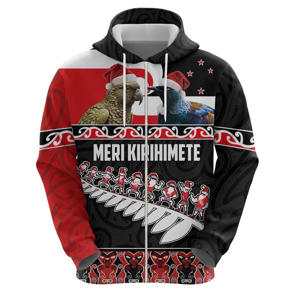 New Zealand Meri Kirihimete Hoodie Christmas Tui Bird and Kea Bird - Haka Santa with Maori Koru Art Pattern LT03 - Polynesian Pride