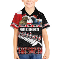 New Zealand Meri Kirihimete Kid Hawaiian Shirt Christmas Tui Bird and Kea Bird - Haka Santa with Maori Koru Art Pattern LT03 Kid Black - Polynesian Pride
