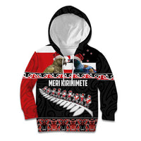 New Zealand Meri Kirihimete Kid Hoodie Christmas Tui Bird and Kea Bird - Haka Santa with Maori Koru Art Pattern LT03 Hoodie Black - Polynesian Pride