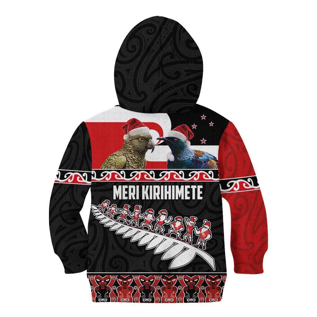 New Zealand Meri Kirihimete Kid Hoodie Christmas Tui Bird and Kea Bird - Haka Santa with Maori Koru Art Pattern LT03 - Polynesian Pride