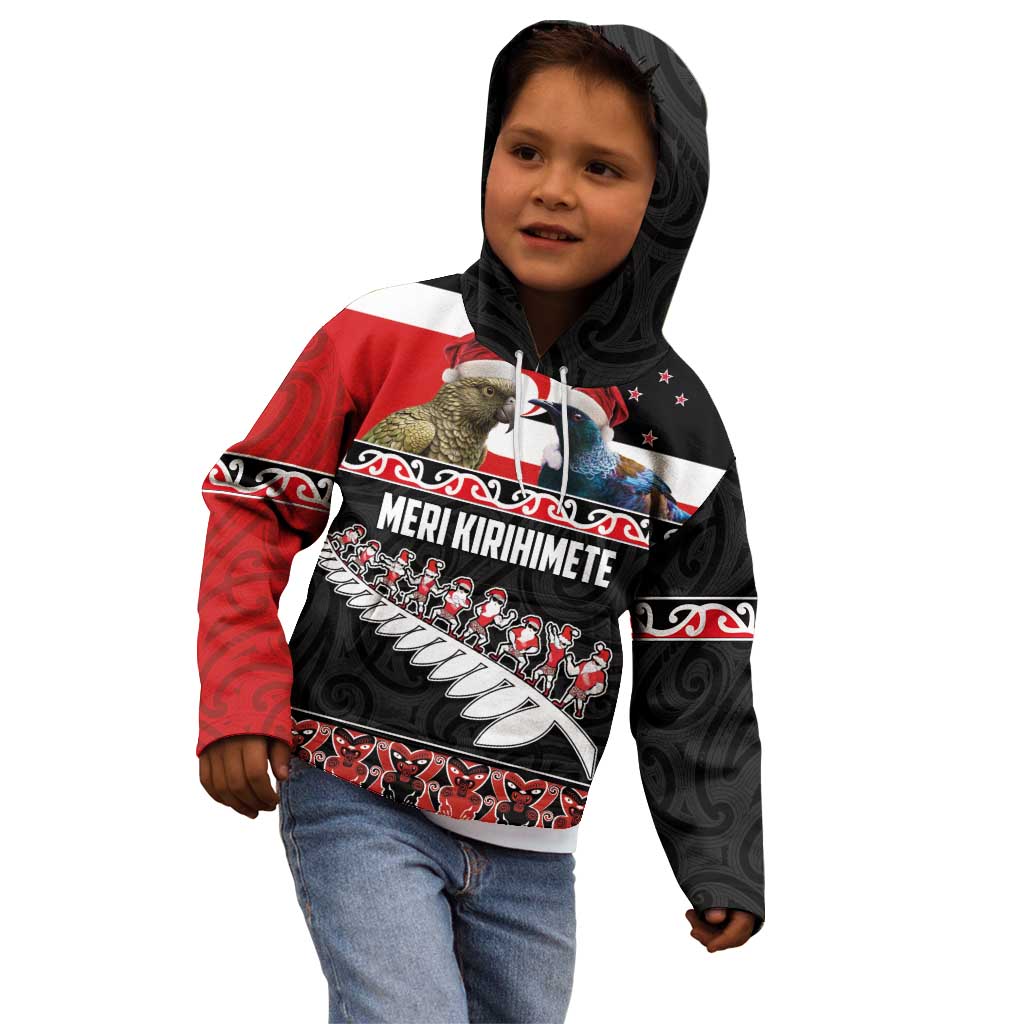 New Zealand Meri Kirihimete Kid Hoodie Christmas Tui Bird and Kea Bird - Haka Santa with Maori Koru Art Pattern LT03 - Polynesian Pride