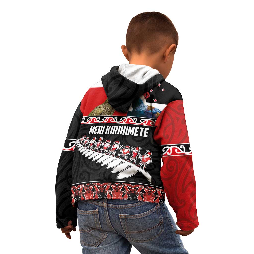 New Zealand Meri Kirihimete Kid Hoodie Christmas Tui Bird and Kea Bird - Haka Santa with Maori Koru Art Pattern LT03 - Polynesian Pride