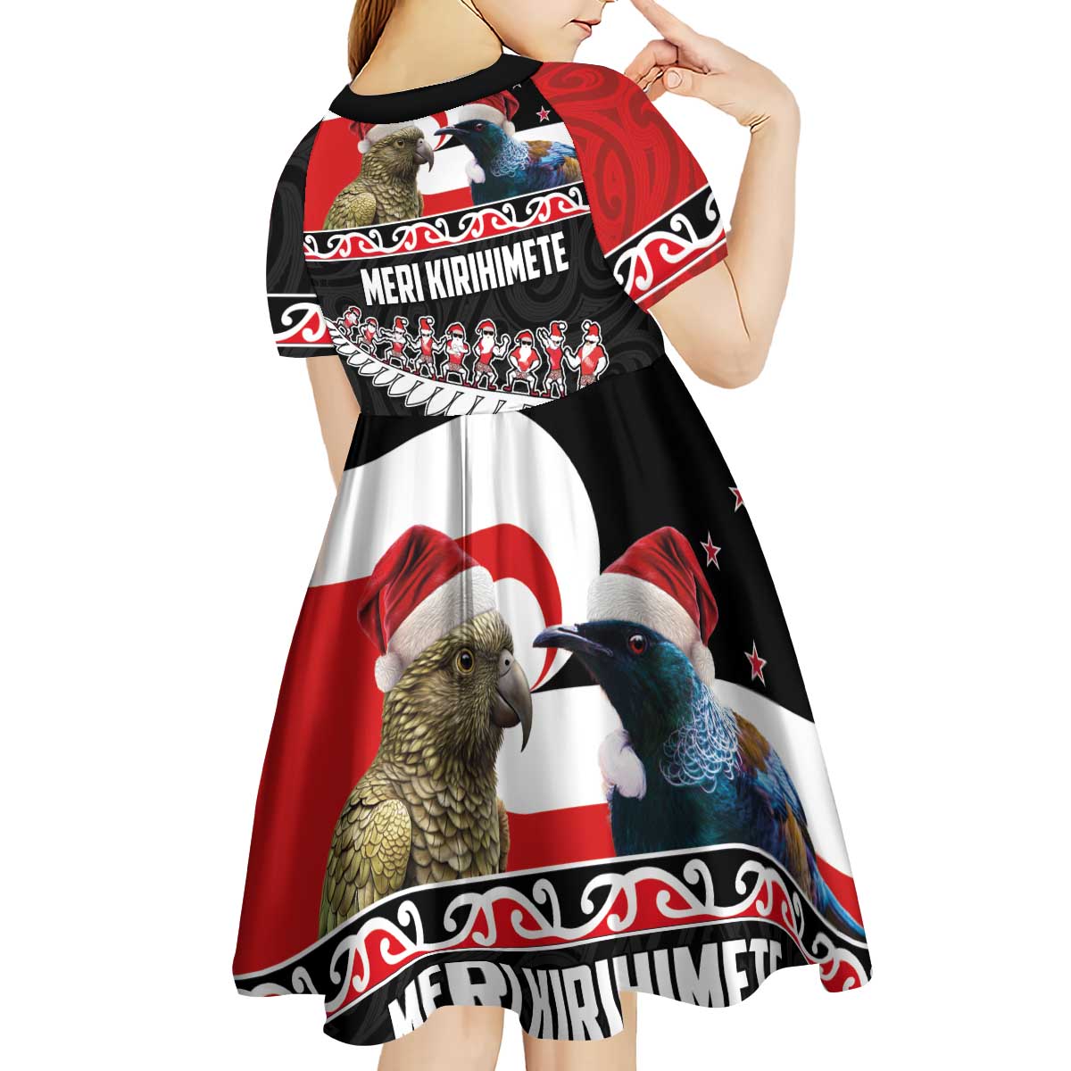 New Zealand Meri Kirihimete Kid Short Sleeve Dress Christmas Tui Bird and Kea Bird - Haka Santa with Maori Koru Art Pattern LT03 - Polynesian Pride