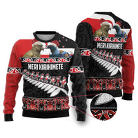 New Zealand Meri Kirihimete Ugly Christmas Sweater Christmas Tui Bird and Kea Bird - Haka Santa with Maori Koru Art Pattern LT03 Black - Polynesian Pride