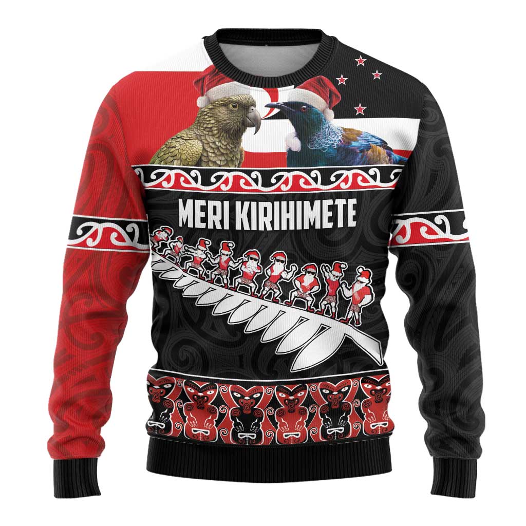 New Zealand Meri Kirihimete Ugly Christmas Sweater Christmas Tui Bird and Kea Bird - Haka Santa with Maori Koru Art Pattern LT03 - Polynesian Pride