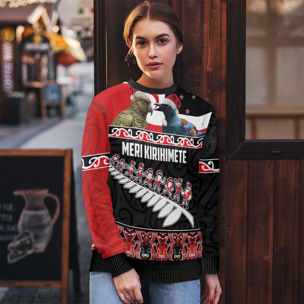 New Zealand Meri Kirihimete Ugly Christmas Sweater Christmas Tui Bird and Kea Bird - Haka Santa with Maori Koru Art Pattern LT03 - Polynesian Pride