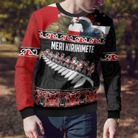 New Zealand Meri Kirihimete Ugly Christmas Sweater Christmas Tui Bird and Kea Bird - Haka Santa with Maori Koru Art Pattern LT03 - Polynesian Pride