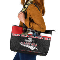 New Zealand Meri Kirihimete Leather Tote Bag Christmas Tui Bird and Kea Bird - Haka Santa with Maori Koru Art Pattern LT03 Black - Polynesian Pride