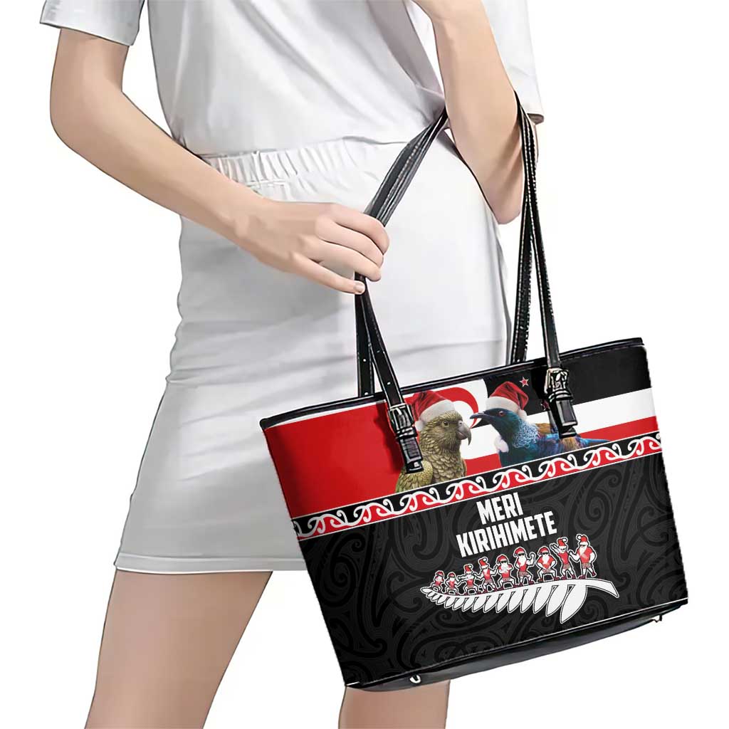 New Zealand Meri Kirihimete Leather Tote Bag Christmas Tui Bird and Kea Bird - Haka Santa with Maori Koru Art Pattern LT03 - Polynesian Pride