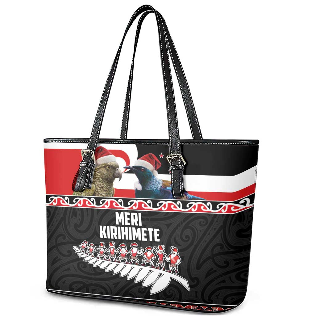 New Zealand Meri Kirihimete Leather Tote Bag Christmas Tui Bird and Kea Bird - Haka Santa with Maori Koru Art Pattern LT03 - Polynesian Pride