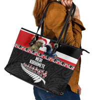 New Zealand Meri Kirihimete Leather Tote Bag Christmas Tui Bird and Kea Bird - Haka Santa with Maori Koru Art Pattern LT03 - Polynesian Pride