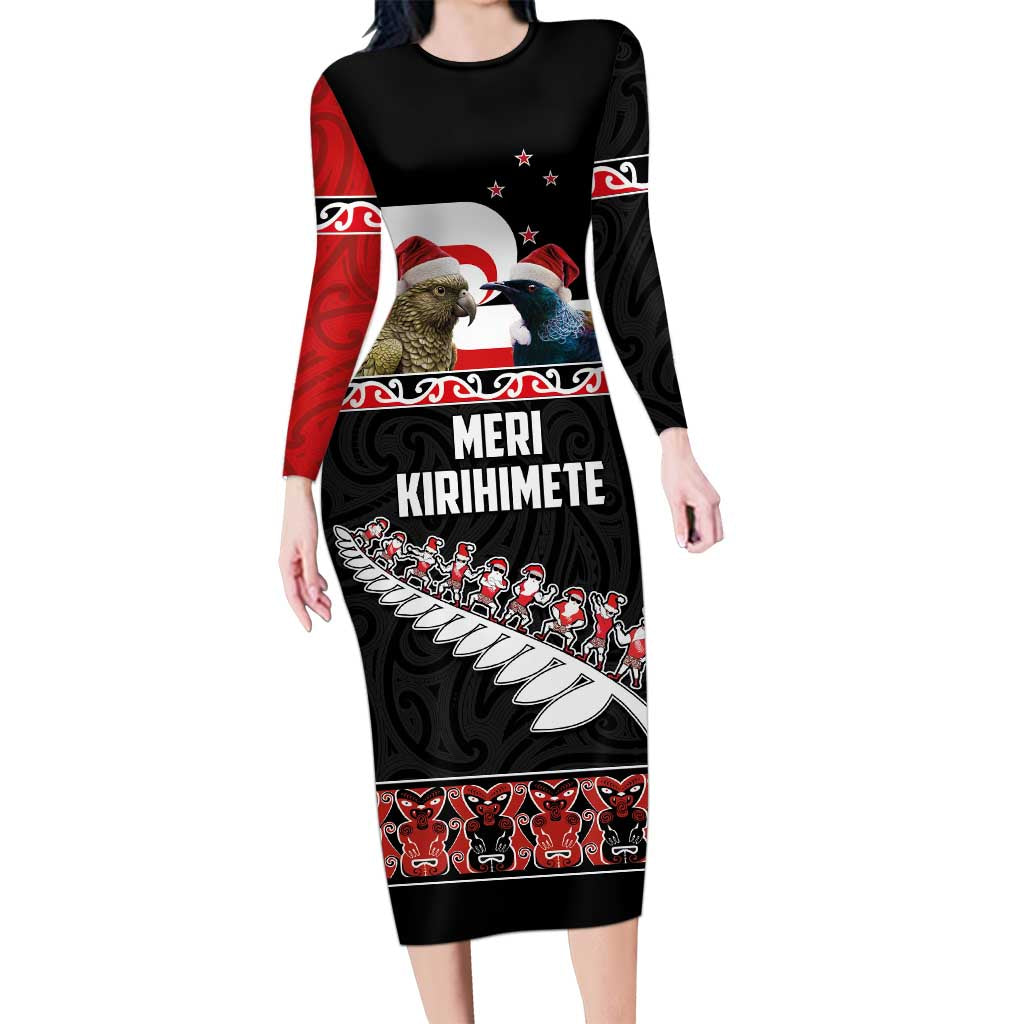 New Zealand Meri Kirihimete Long Sleeve Bodycon Dress Christmas Tui Bird and Kea Bird - Haka Santa with Maori Koru Art Pattern LT03 Long Dress Black - Polynesian Pride