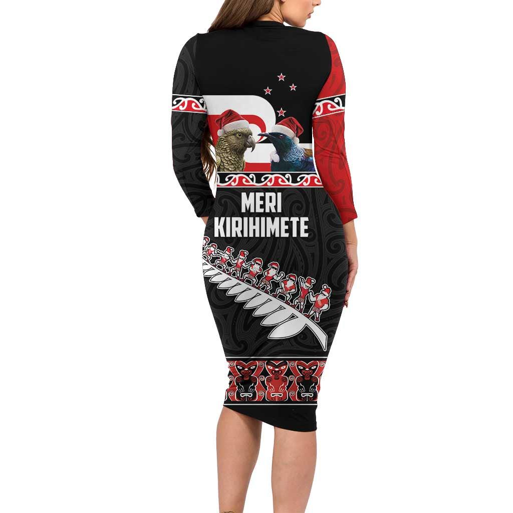 New Zealand Meri Kirihimete Long Sleeve Bodycon Dress Christmas Tui Bird and Kea Bird - Haka Santa with Maori Koru Art Pattern LT03 - Polynesian Pride
