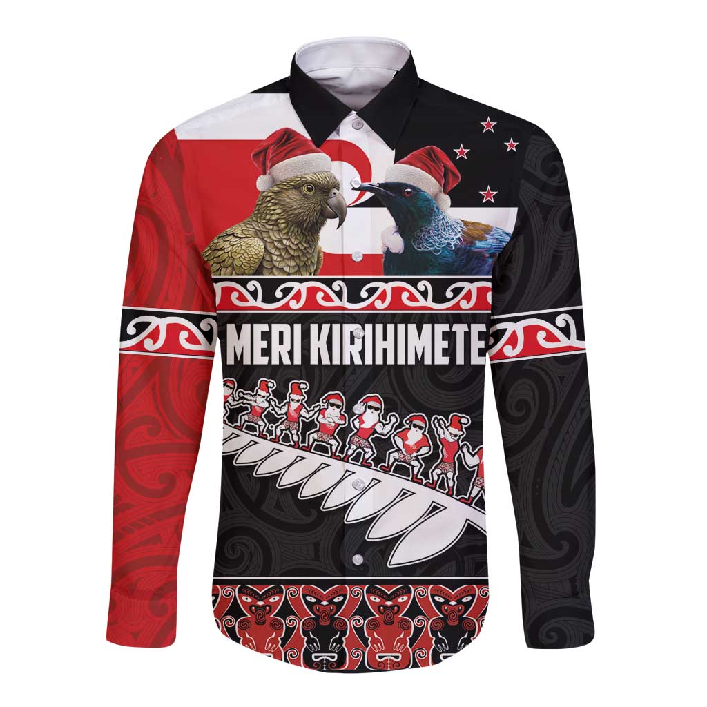 New Zealand Meri Kirihimete Long Sleeve Button Shirt Christmas Tui Bird and Kea Bird - Haka Santa with Maori Koru Art Pattern LT03 Unisex Black - Polynesian Pride